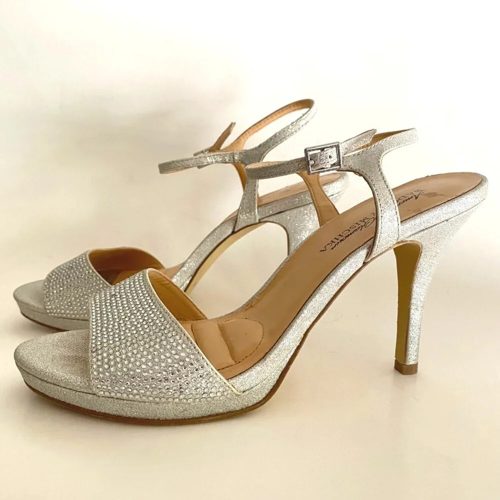 size 7.5 Badgley Mischka silver jewel rhinestone platform high heels ankle strap